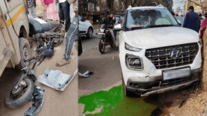CG में तेज रफ्तार कार का कहर, स्कूटी के उड़े परखच्चे, एक बाइक सवार भी आया चपेट में