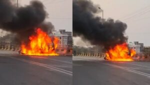 CG: चलती कार बनी आग का गोला, कोई जनहानि नहीं, कार जलकर खाक
