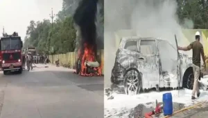 बीच सड़क पर चलती कार बनी आग का गोला, भाजपा के पूर्व प्रदेश मंत्री सहित 3 लोगों थे सवार, मौके पर मची अफरा-तफरी