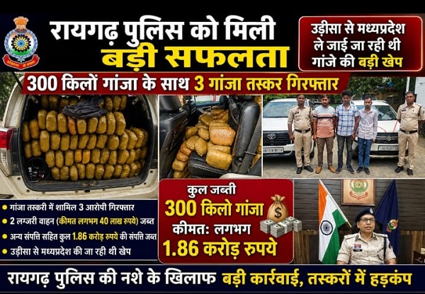  Raigarh News: रायगढ़ पुलिस को मिली बड़ी सफलता, 300 किलो गांजा के साथ 3 गांजा तस्कर गिरफ्तार, दो लग्जरी वाहनों सहित 1.86 करोड़ रुपये की संपत्ति जब्त,  उड़ीसा से मध्यप्रदेश ले जाई जा रही थी गांजे की बड़ी खेप
