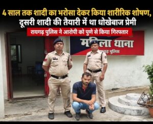  Raigarh News: 4 साल तक शादी का भरोसा देकर किया शारीरिक शोषण, दूसरी शादी की तैयारी में था धोखेबाज प्रेमी, रायगढ़ पुलिस ने आरोपी को पुणे से किया गिरफ्तार