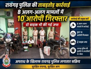 रायगढ़ पुलिस की ताबड़तोड़ कार्रवाई, 8 अलग-अलग मामलों में 10 आरोपी गिरफ्तार, दो बाइक भी की गई जप्त