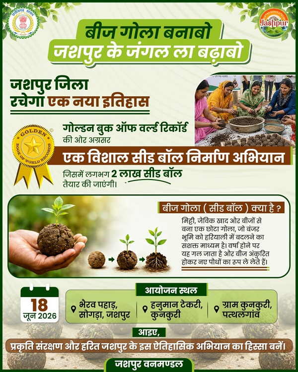 “बीज गोला बनाबो-जशपुर के जंगल ला बढ़ाबो” महाअभियान की शुरुआत, जशपुर में हरियाली का नया इतिहास- 18 जून को बनेगा 2 लाख सीड बॉल का रिकॉर्ड