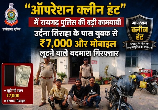 Raigarh News: “ऑपरेशन क्लीन हंट” में रायगढ़ पुलिस की बड़ी कामयाबी: उर्दना तिराहा के पास युवक से ₹7,000 और मोबाइल लूटने वाले बदमाश गिरफ्तार