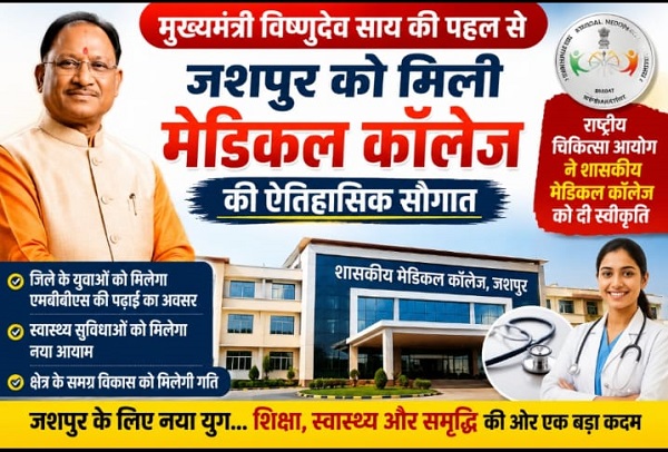 मुख्यमंत्री विष्णुदेव साय की पहल से जशपुर को मिली मेडिकल कॉलेज की ऐतिहासिक सौगात, राष्ट्रीय चिकित्सा आयोग ने शासकीय मेडिकल कॉलेज को दी स्वीकृति