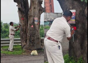 Raigarh: सड़क सुरक्षा के लिए रायगढ़ ट्रैफिक पुलिस का अभिनव अभियान, सड़क किनारे पेड़ों पर लगाए जा रहे Tree Marker रेडियम रिफ्लेक्टर, रात में दुर्घटनाओं की आशंका होगी कम