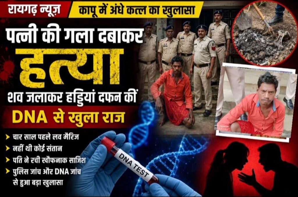 Raigarh News: कापू में अंधे कत्ल का खुलासा: पत्नी की गला दबाकर हत्या, शव जलाकर हड्डियां दफन कीं, DNA से खुला राज, चार साल पहले लव मैरिज, नहीं थी कोई संतान