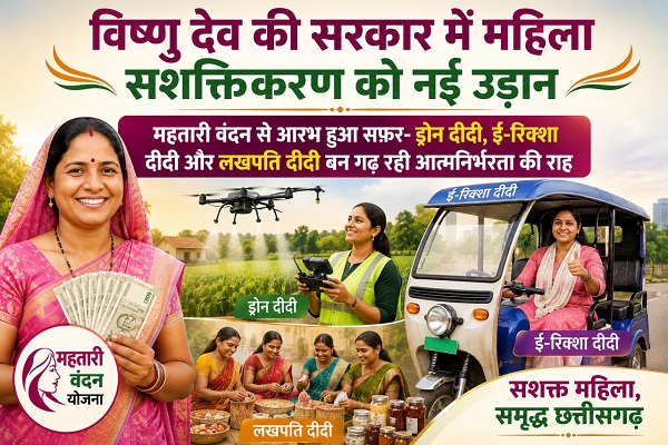 विशेष लेख : विष्णु देव की सरकार में महिला सशक्तिकरण को नई उड़ान, महतारी वंदन से आरभ हुआ सफ़र- ड्रोन दीदी, ई-रिक्शा दीदी और