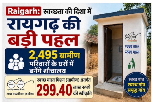 Raigarh: स्वच्छता की दिशा में रायगढ़ की बड़ी पहल: 2,495 ग्रामीण परिवारों के घरों में बनेंगे शौचालय, स्वच्छ भारत मिशन (ग्रामीण) अंतर्गत 299.40 लाख रुपये की स्वीकृति