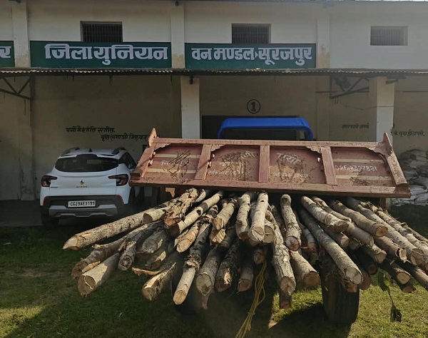 वन संपदा की सुरक्षा के लिए अवैध परिवहन पर कार्रवाई, सूरजपुर में दो वाहन जब्त, साल के 22 नग चिरान और मिश्रित प्रजाति की 56 बल्लियां बरामद