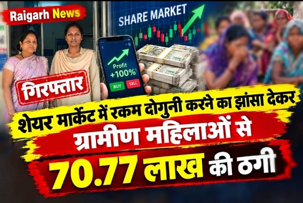 Raigarh News: शेयर मार्केट में रकम दोगुनी करने का झांसा देकर ग्रामीण महिलाओं से 70 लाख की ठगी, घर-घर पहुंचकर महिलाओं को दिया मोटे मुनाफे का लालच,  आरोपी महिला गिरफ्तार